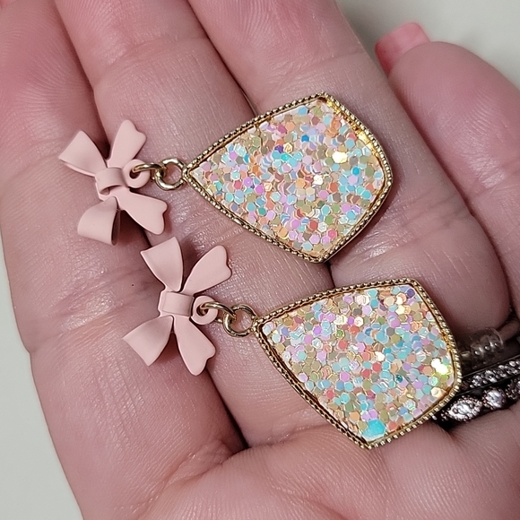Confetti Shimmer Bow Drop Earrings, S925 - Picture 7 of 7